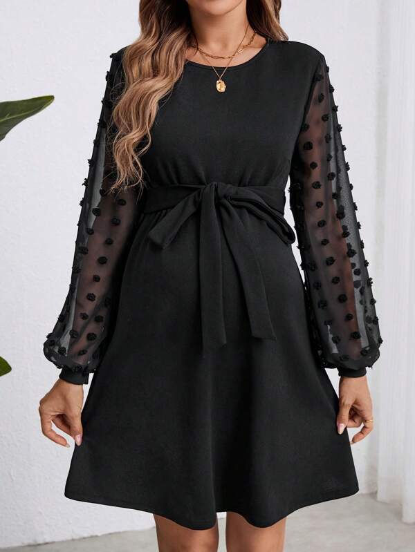 Miniatura: Maternity Swiss Dot Side Solid Long Sleeve Dress – Black Midi Dress