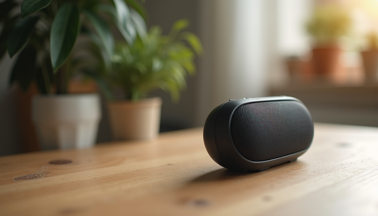 Close-up view of a compact Bluetooth speaker on a wooden table