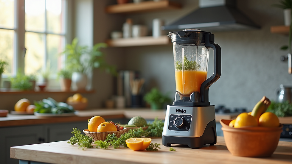 Eye-level view of a Ninja blender on a kitchen counter with fresh ingredients