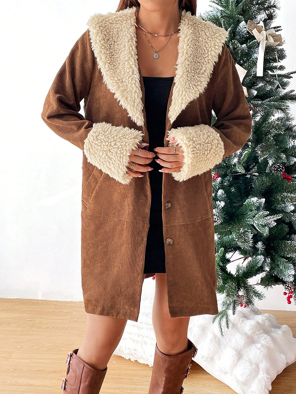 Miniature : SHEIN Ezwear Corduroy Mid-Length Coat with Collar