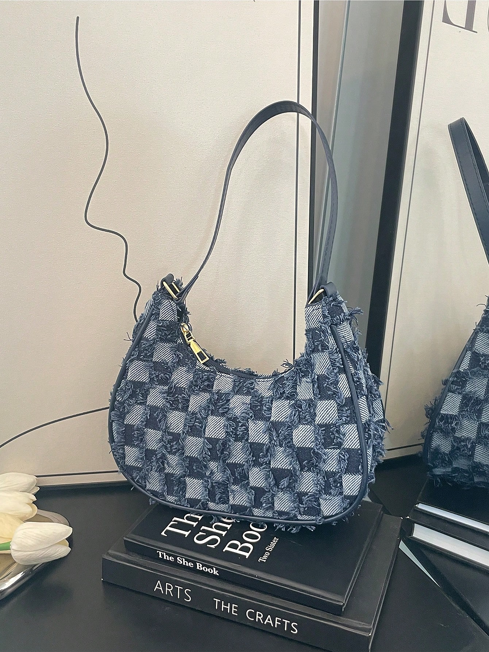 Miniatura: Checkered Pattern Denim Hobo Trim Design Shoulder Bag
