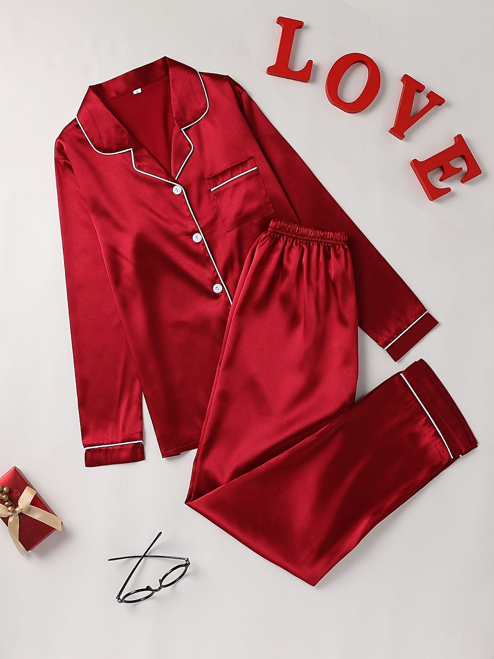 Miniature : Women's Solid Pajama Set – Long Sleeve Button-Up Lapel Top & Pants Sleepwear