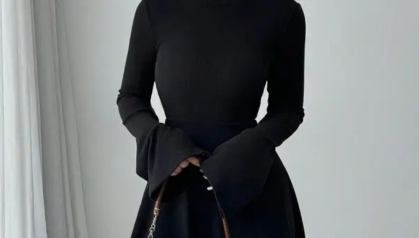 Elenzga Women's Black Fashion Casual Mid-Length Dress, Long Sleeve 2 In 1 Collar