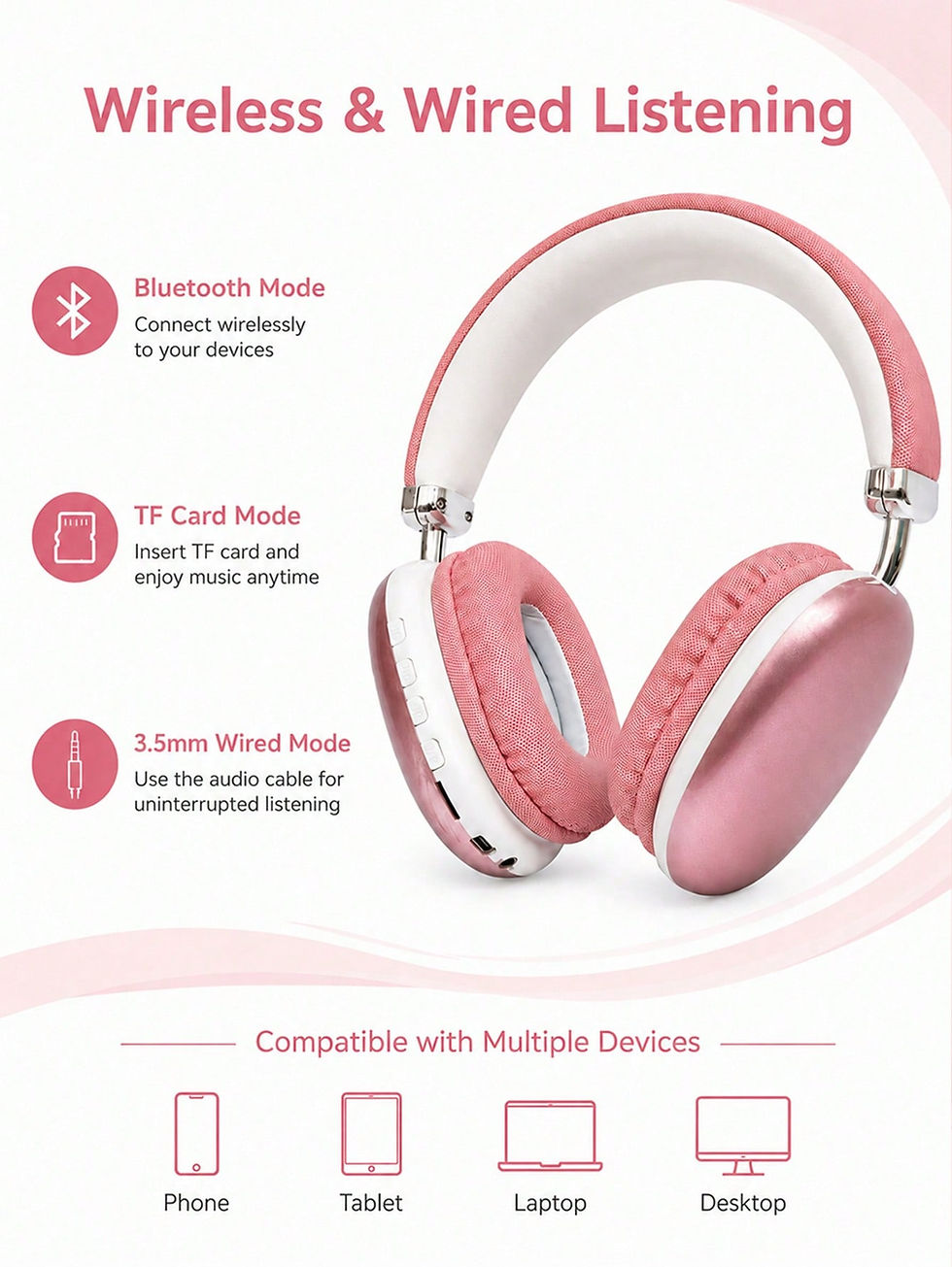 Miniatura: Portable Metal Pink Over-Ear Wireless Headphones, Multi-Interface Type-C/TF/3.5M