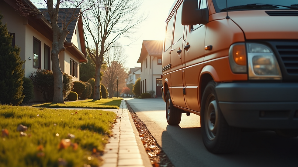 Eye-level view of a delivery van parked outside a residential home