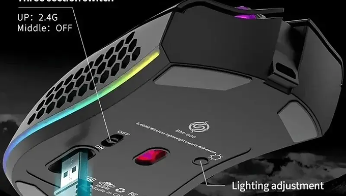 BM600 Rechargeable Gaming Mouse: USB 2.4G Wireless, RGB Light, Honeycomb Design