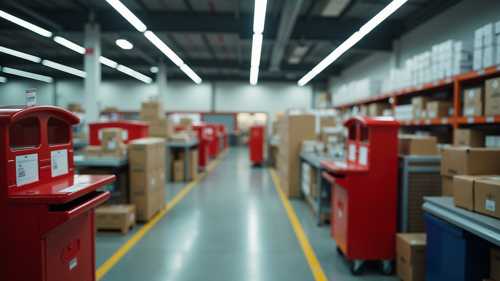 High angle view of a UK post office parcel sorting area