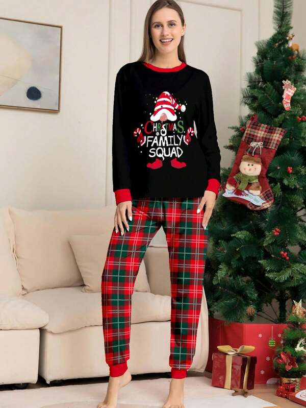 Miniatura: 2pcs Women Santa Hat & Letter Graphic Long Sleeve Top And Plaid Pants Christmas 