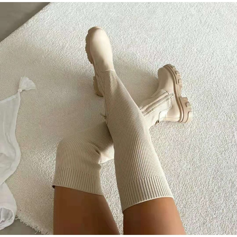 Thumbnail: Women's Over-the-Knee Boots with Red Chunky Sole – Stylish Stretch Fit Boots
