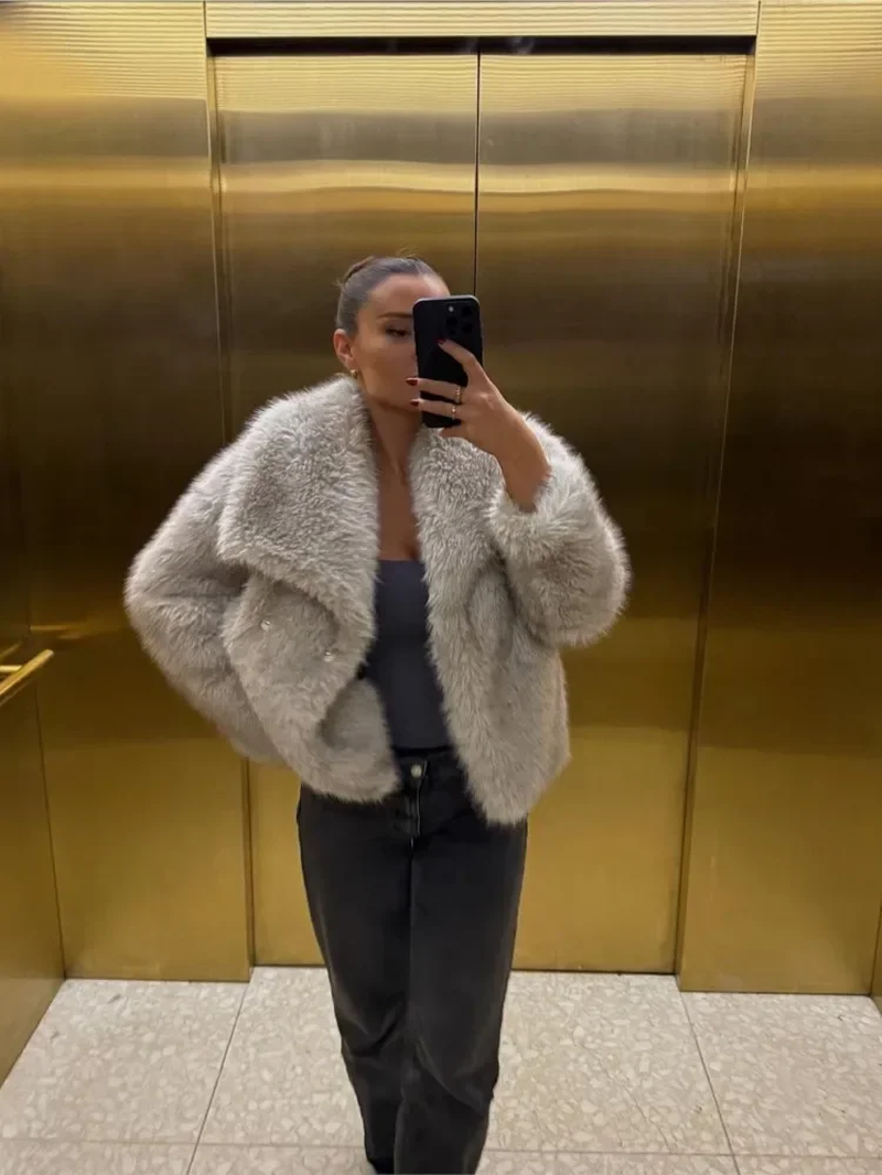 Thumbnail: Women’s Faux Fur Lapel Coat Shaggy Warm Long Sleeves Open Front
