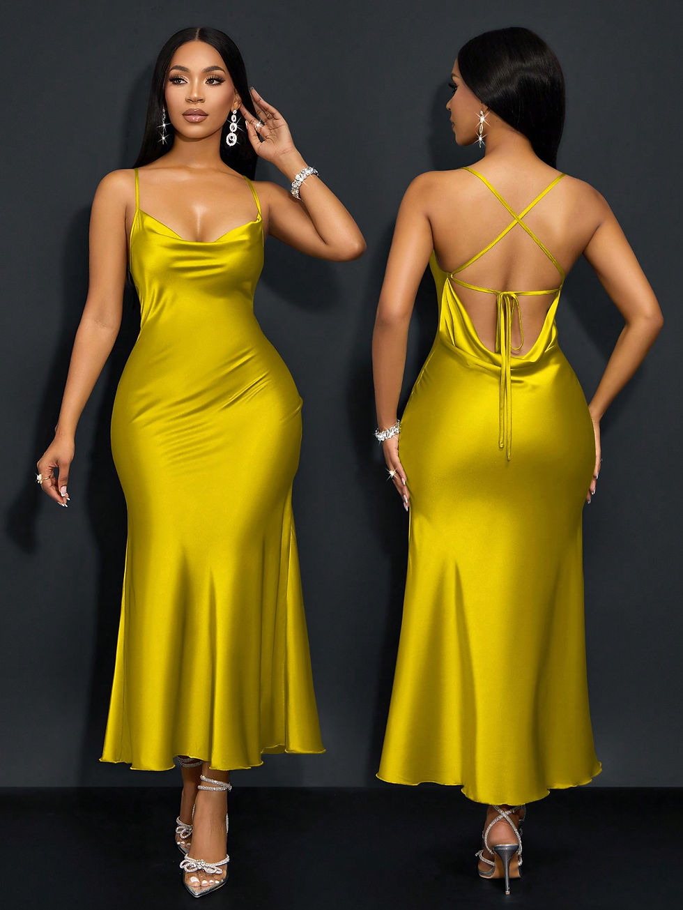 Miniatura: Women's Rust Brown Satin Backless Cami Dress – Criss Cross Knot Detail