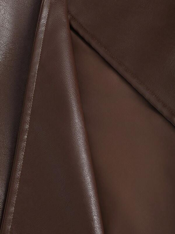 Miniatura: Elegant PU Leather Double-Breasted Belted Coat – Brown Colorblock Design