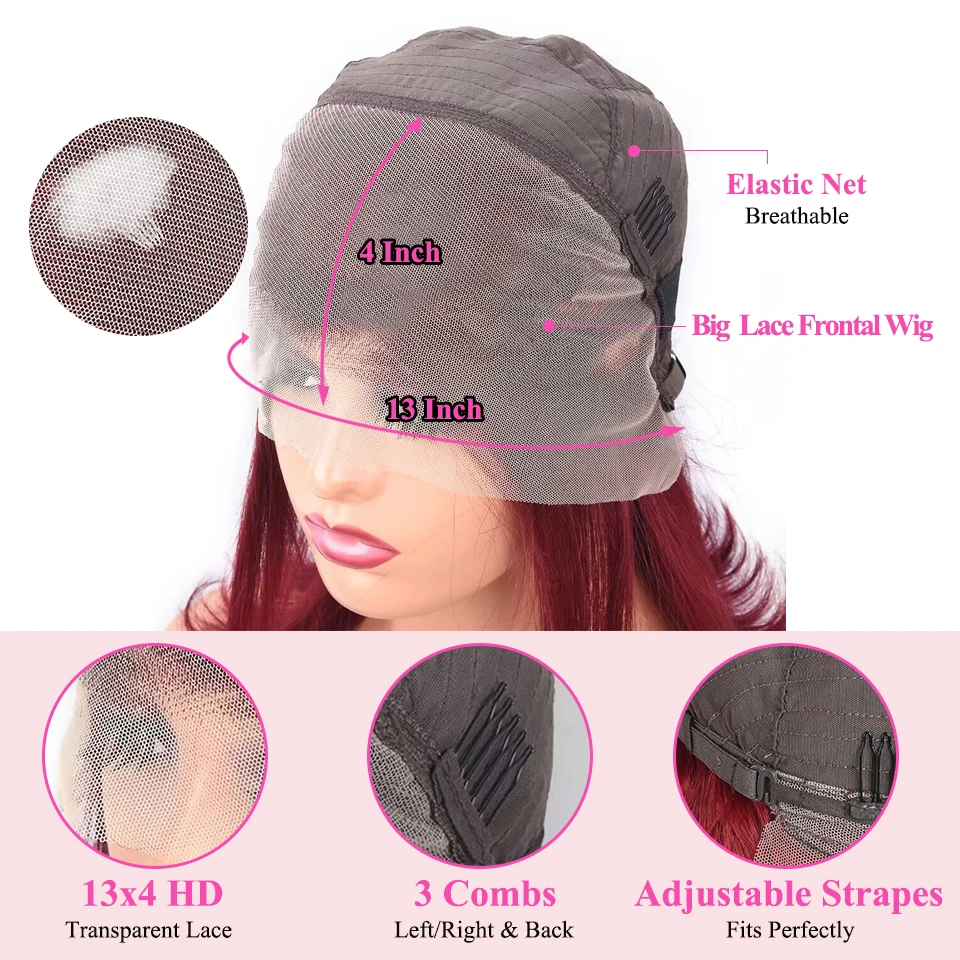 Miniatura: Burgundy Short Bob: 180% Density Lace Frontal Wig