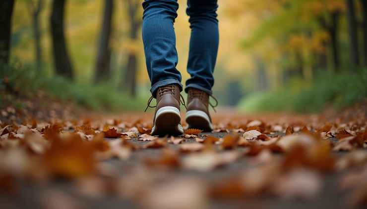 Close-up view of a person’s feet walking slowly on a forest path covered with leaves