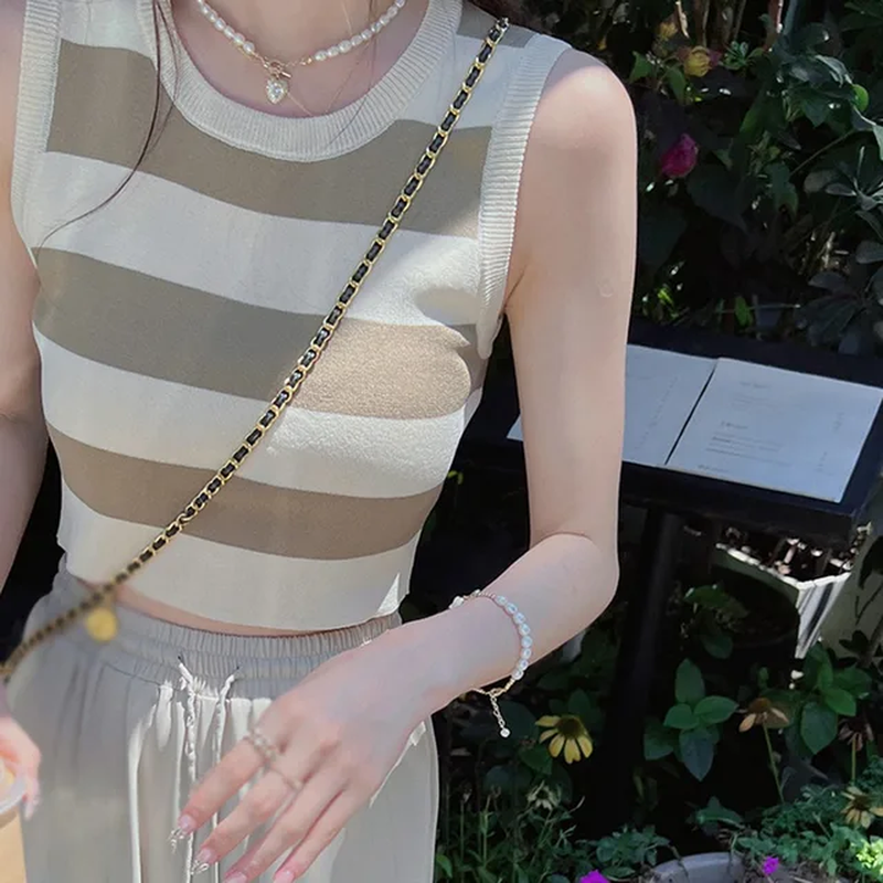 Miniatura: Women's Knitted Striped Tanks Slim Crop Tops