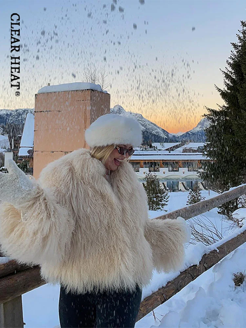 Warm Fluffly Faux Fur Coats for Women Elegant Lapel Long Sleeve Short Jacket