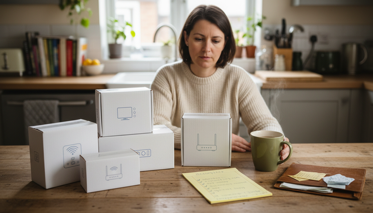 Wide-angle view of a person comparing boxed home electronics on a kitchen table