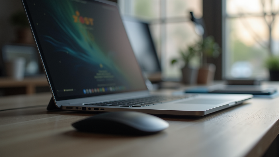 Eye-level view of a laptop with a sleek stand and wireless mouse on a desk
