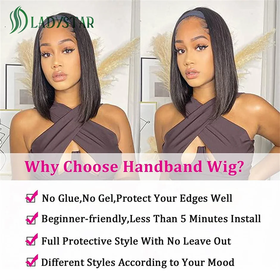 Miniature : Short Bob Headband Wigs Brazilian Human Hair Wig with Headband for Women Full Ma