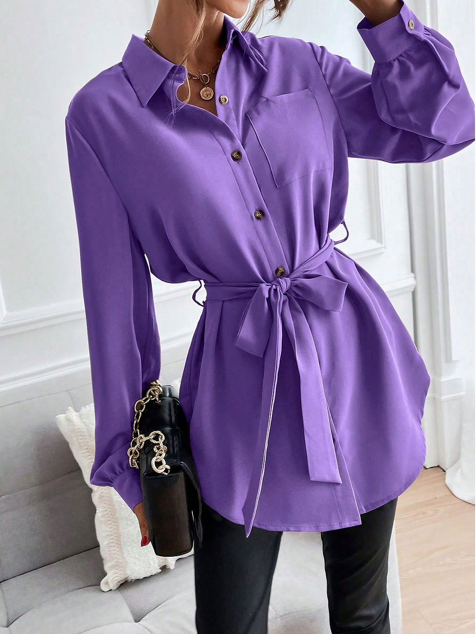 Miniatura: Solid Button Front Belted Shirt,Long Sleeve Tops