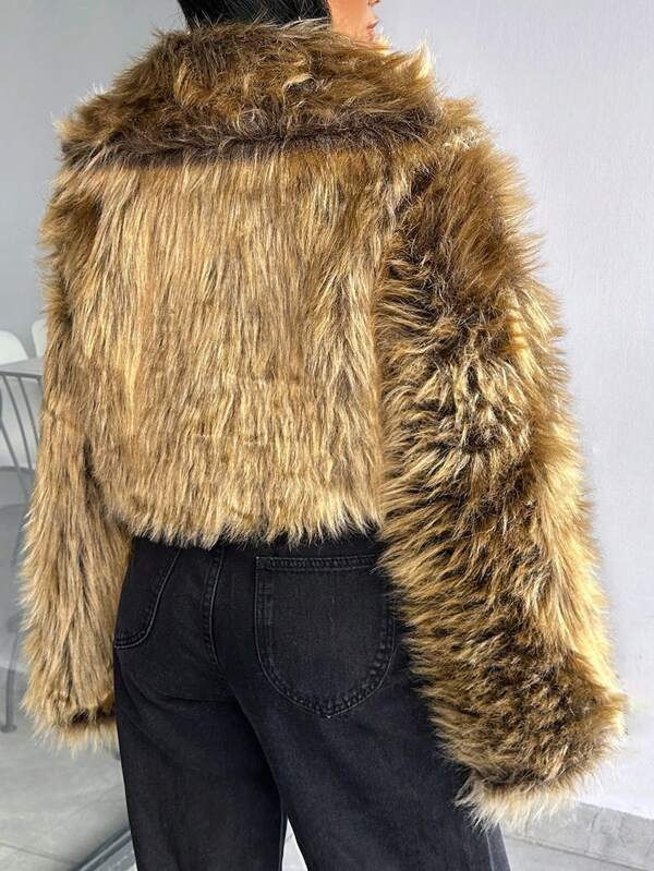 Miniature : Casual Single-Breasted Fuzzy Crop Jacket – Brown Drop-Shoulder Winter Coat