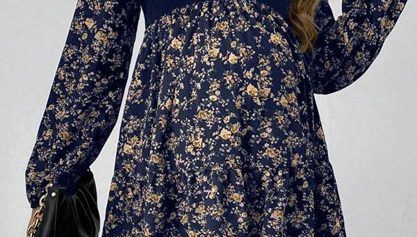 Maternity Patchwork Ditsy Floral Round Neck Long Sleeve Elegant Dress