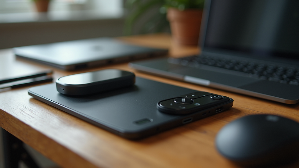 Close-up view of a variety of tech accessories on a wooden table