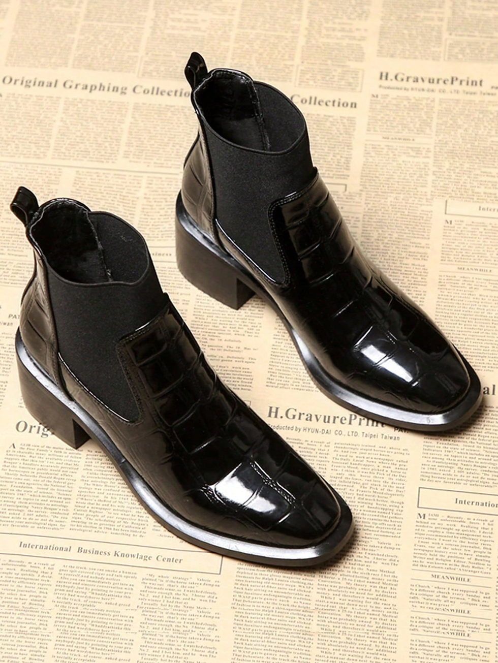 Crocodile Textured Leather Ankle Boots With Chunky Heels For Women