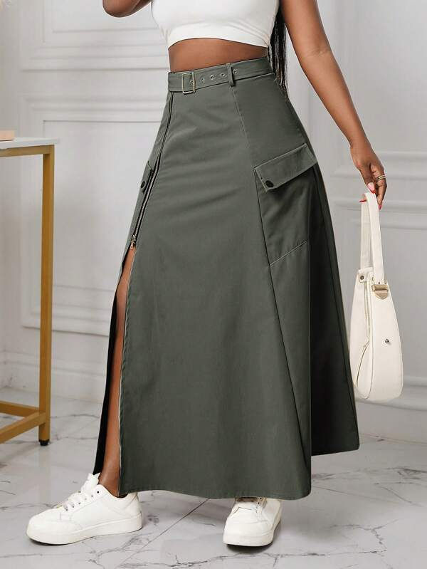 Thumbnail: Unity Solid Color High Slit Pocket Belted A-Line Skirt Maxi Women Outfit