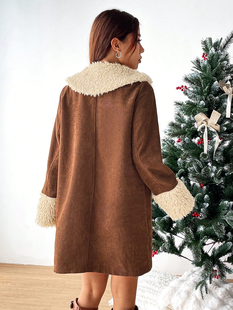Miniature : SHEIN Ezwear Corduroy Mid-Length Coat with Collar