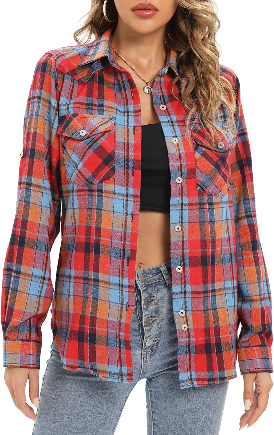 Thumbnail: Women Flannel Checked Shirt Long Sleeve Cotton Casual Plaid Shirt Blouse Top wit