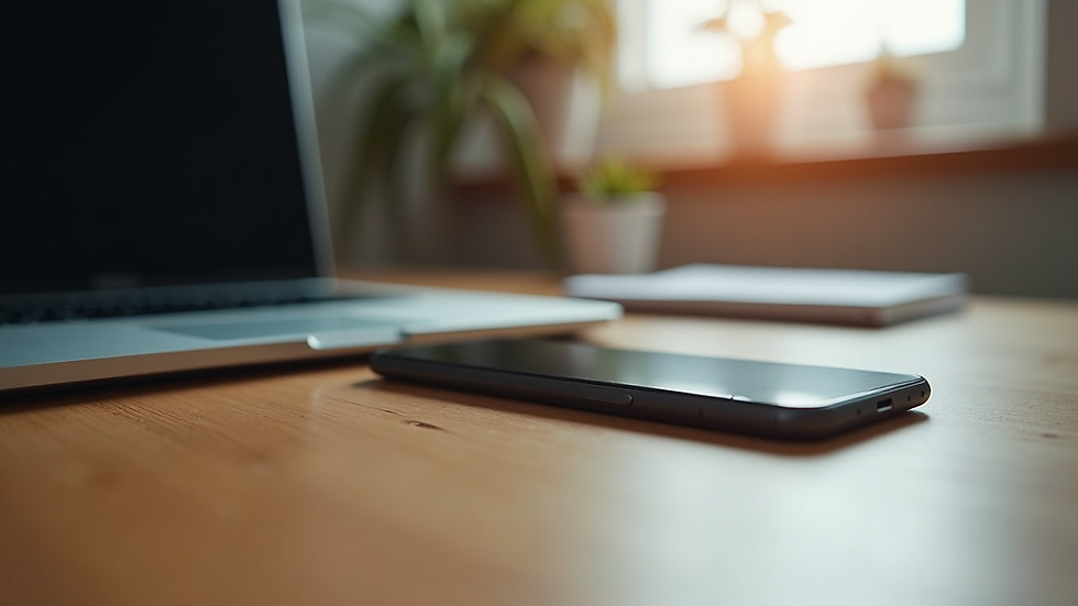 Close-up view of a laptop and smartphone on a wooden table