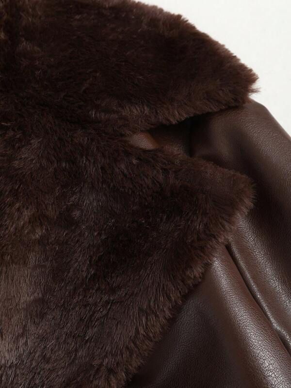Miniatura: Elegant PU Leather Double-Breasted Belted Coat – Brown Colorblock Design