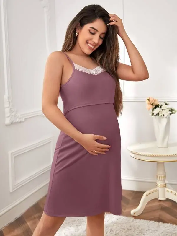 Thumbnail: SHEIN Maternity Floral Lace Trim Robe & Slip Dress For Mother