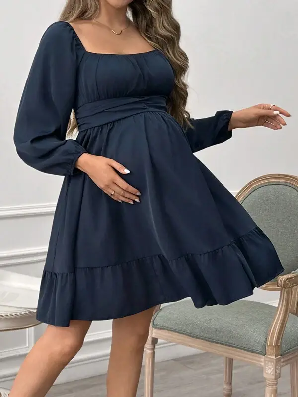 Miniatura: Elegant Maternity A-Line Dress – Flowy Long-Sleeve Baby Shower Dress for Moms