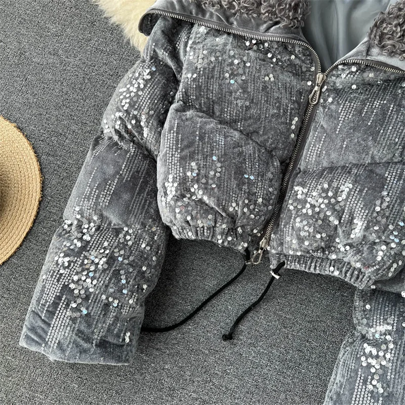 Thumbnail: Women’s 2023 Winter Sequin Velvet Short Cotton Coat Sailor Collar