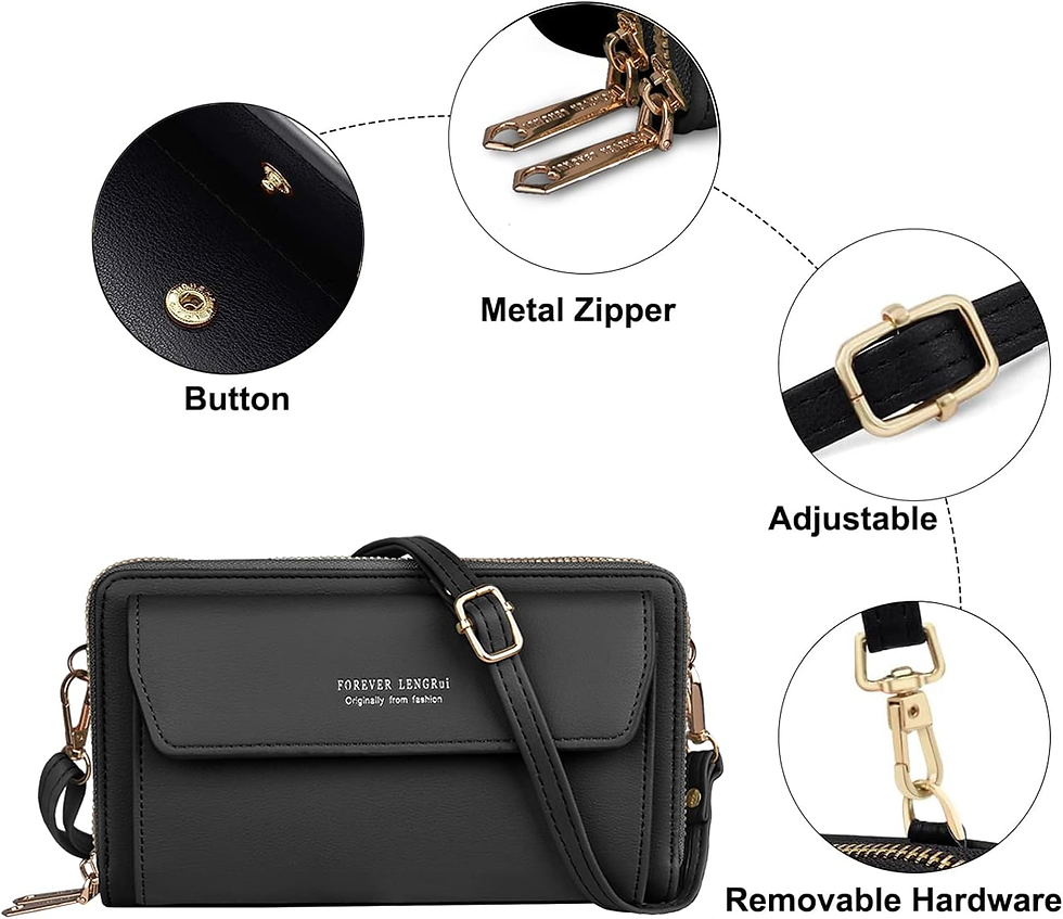 Miniatura: Elegant Crossbody Wallet Purse with Multi-Zipper Compartments - Black