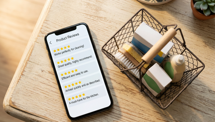 Overhead view of a phone showing customer reviews beside a shopping basket