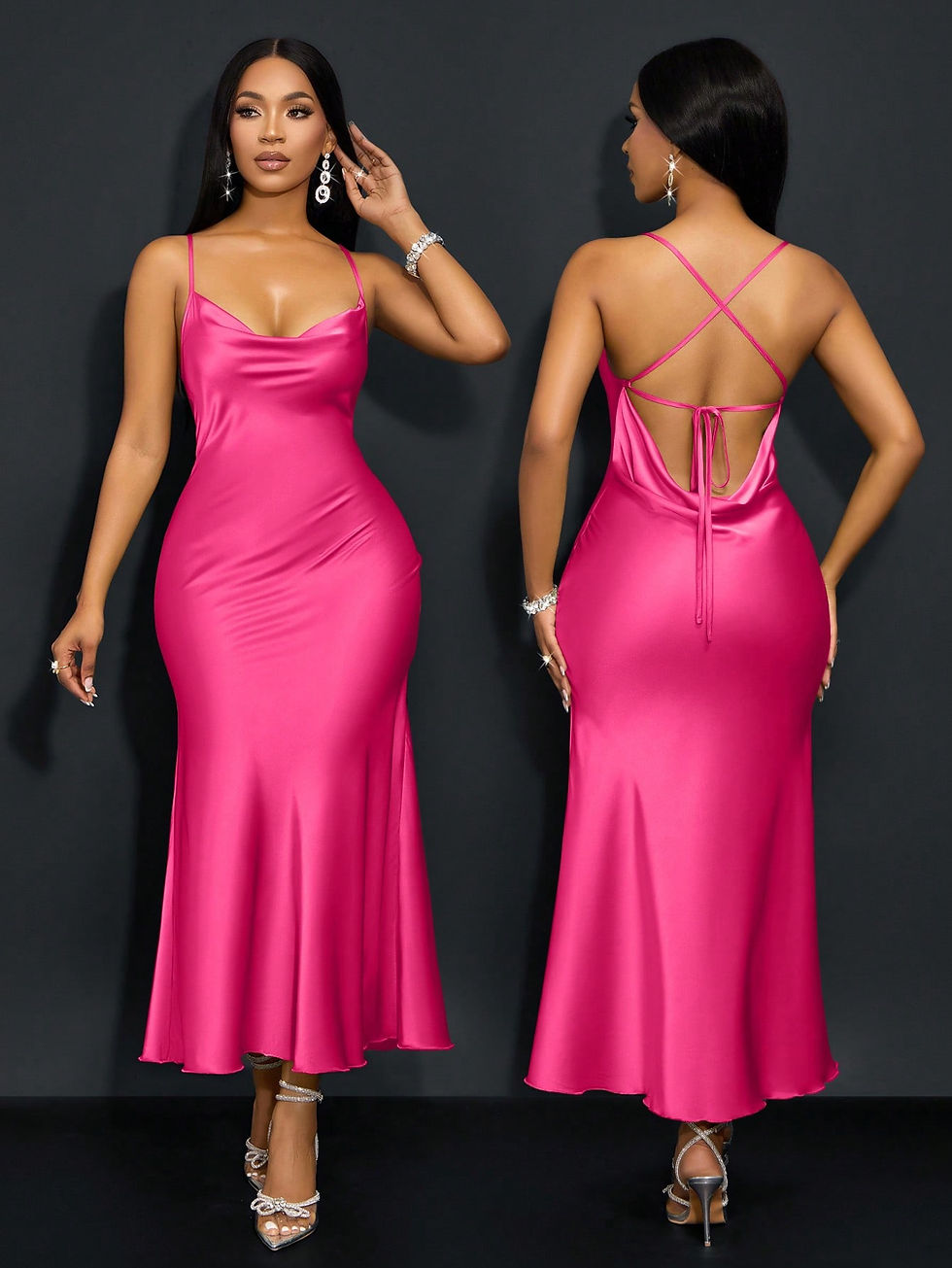 Miniature : Women's Rust Brown Satin Backless Cami Dress – Criss Cross Knot Detail