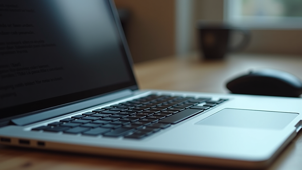 Eye-level view of a laptop with a wireless keyboard and mouse on a desk