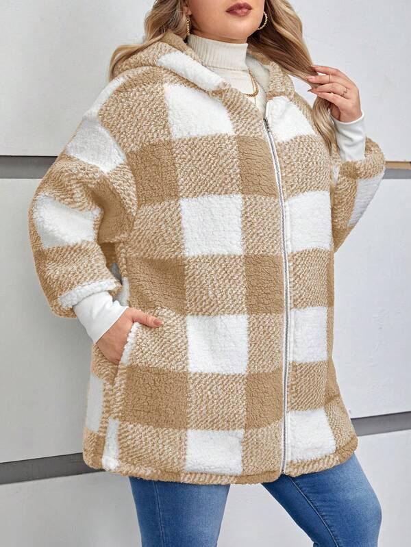 Miniatura: Casual Hooded Plaid Teddy Coat – Apricot Gingham Design