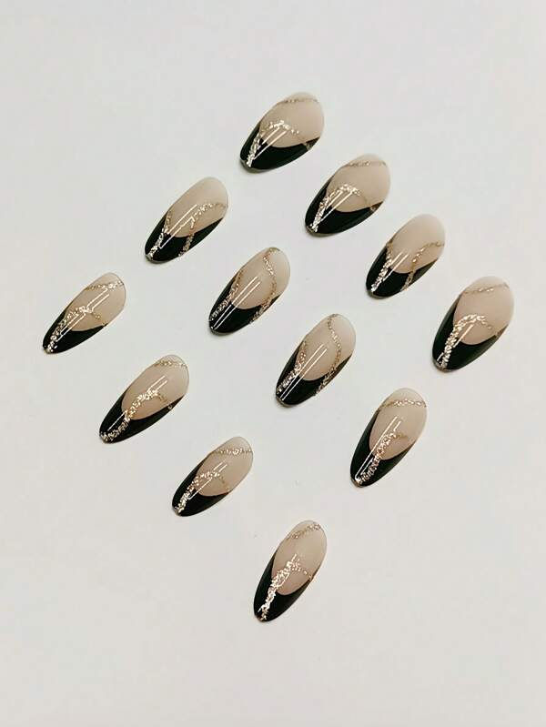 Miniature : 24PCS Black French Tip Press-On Nails with Gold Glitter Stripes – Almond Shaped Nail Art Stickers + Jelly Glue