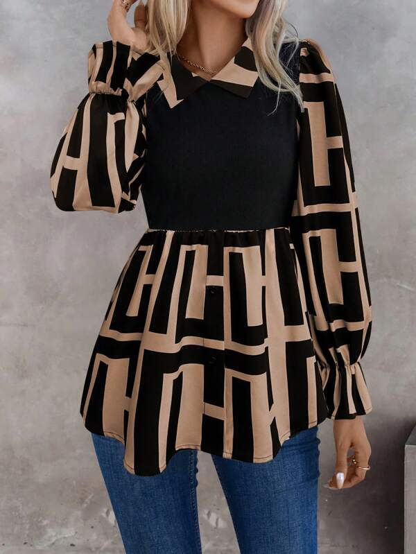 Miniatura: Geo Print Flounce Sleeve Peplum Top