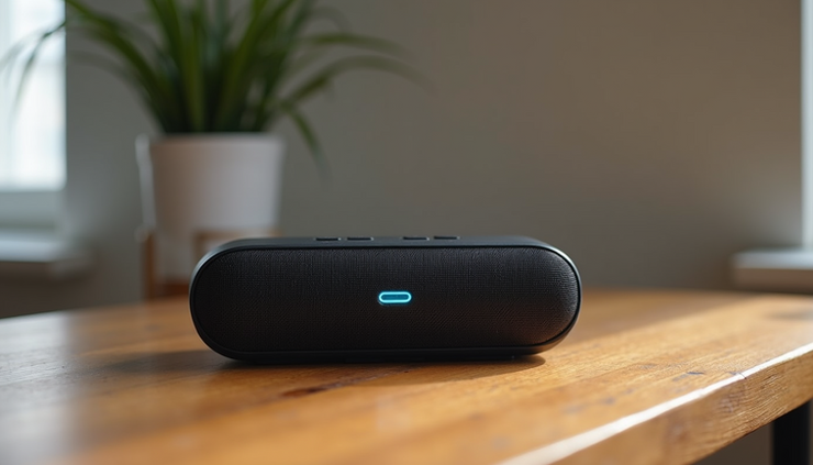 Eye-level view of a sleek wireless Bluetooth speaker on a wooden table
