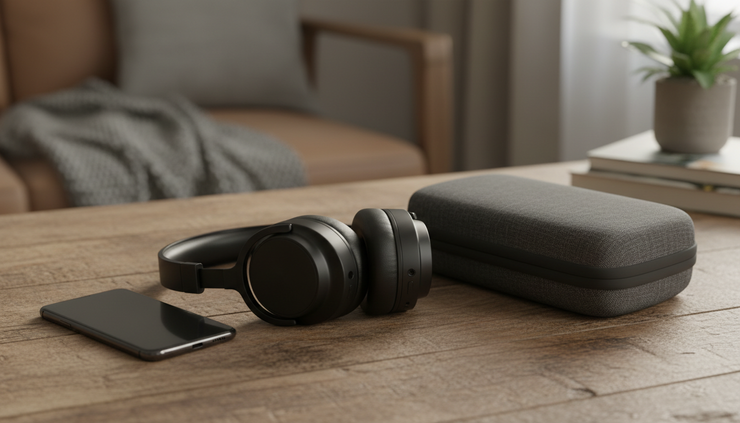 Eye-level view of noise-cancelling headphones resting beside a phone and travel case