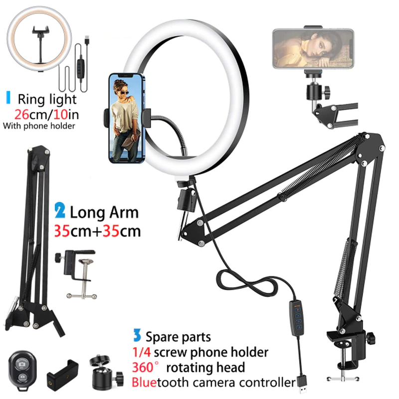 Miniatura: LED Selfie Ring Light Phone Stand with Folding Arm Circle Fill Light Dimmable Tr