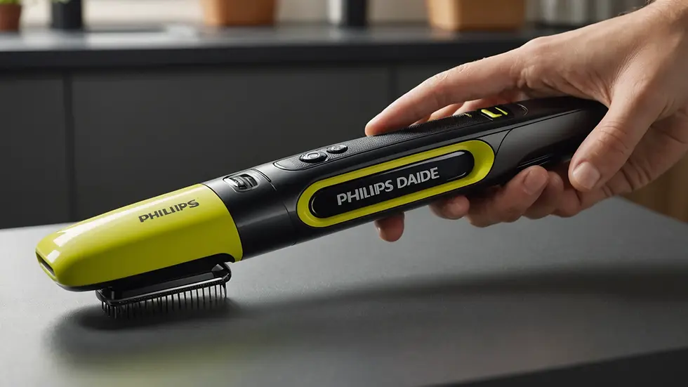 Eye-level view of Philips OneBlade Hybrid Styler on a clean surface