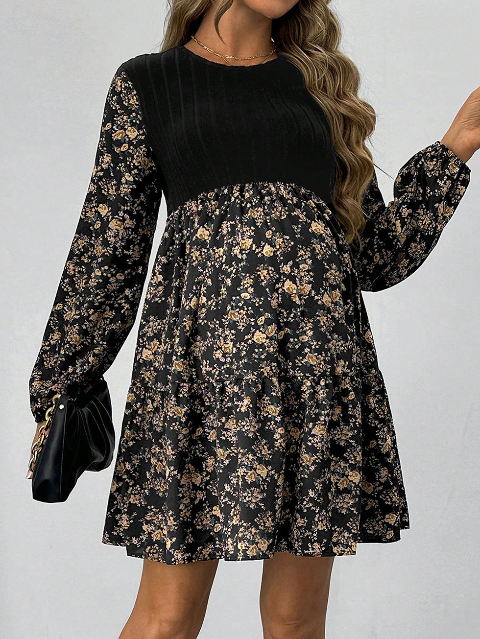 Miniature : Maternity Patchwork Ditsy Floral Round Neck Long Sleeve Elegant Dress