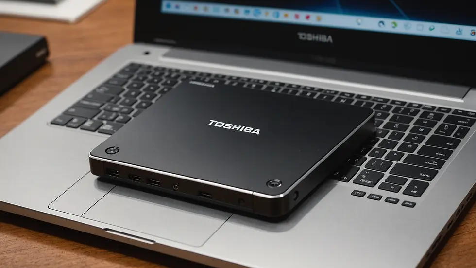 Close-up view of a Toshiba Canvio external hard drive connected to a laptop