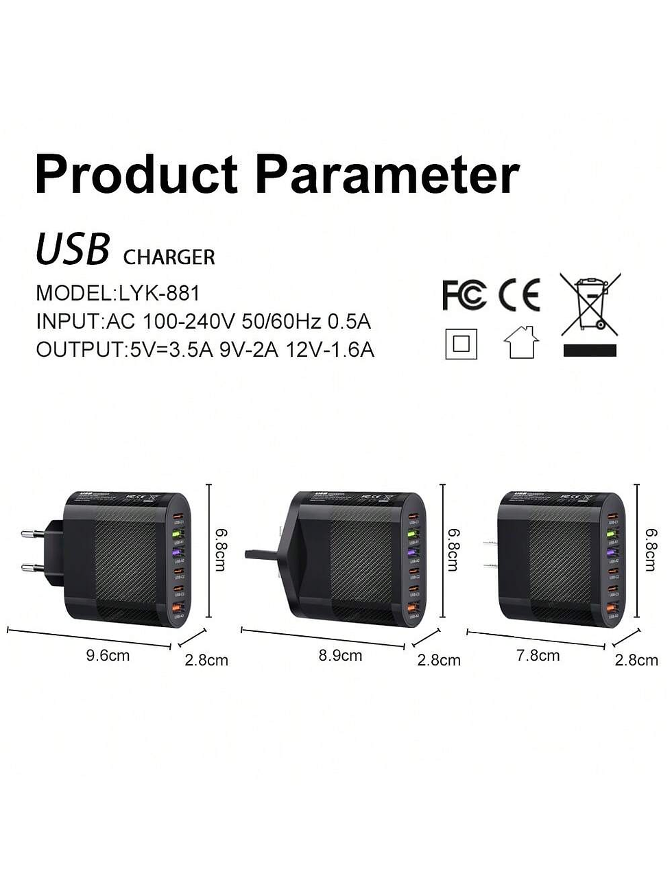 Thumbnail: 1 PC White EU Plug Charger 65W PD USB Charger 6 Ports USB Type C Charger Quick C